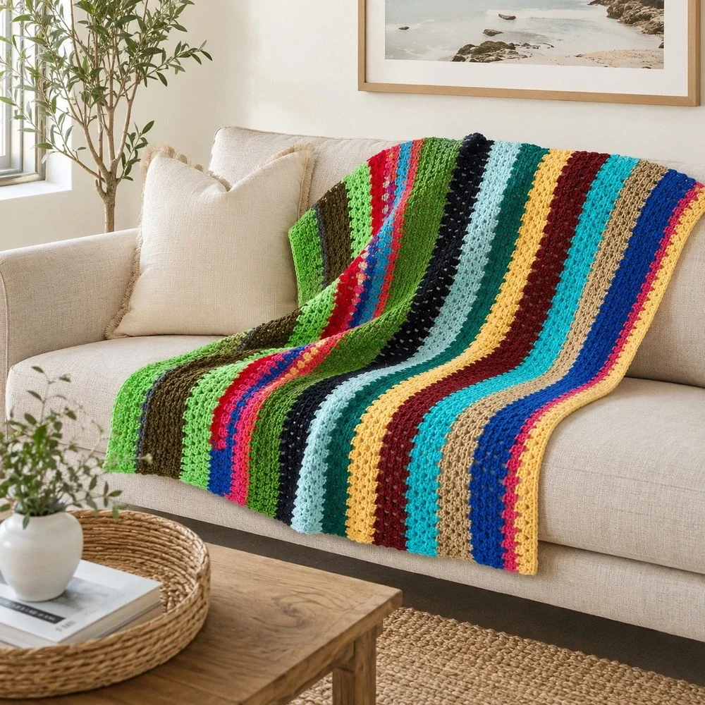 Handmade Crochet Throw Blanket Boho Striped Afghan Colorful 50x41 Lap Blanket